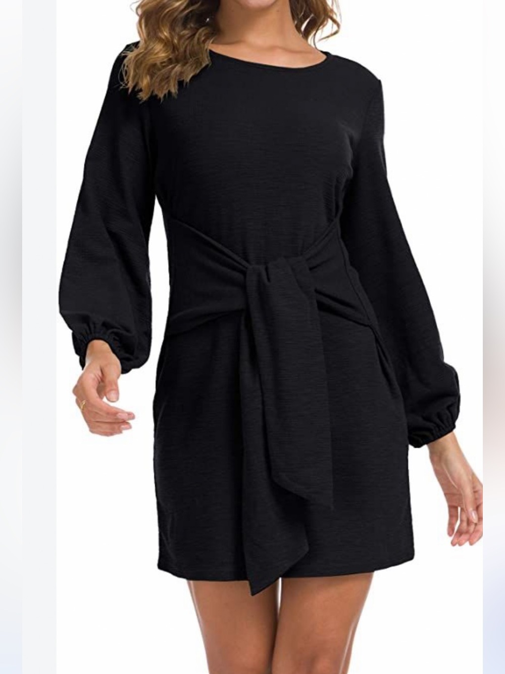 Black Long-Sleeve Tie-Front Mini Dress